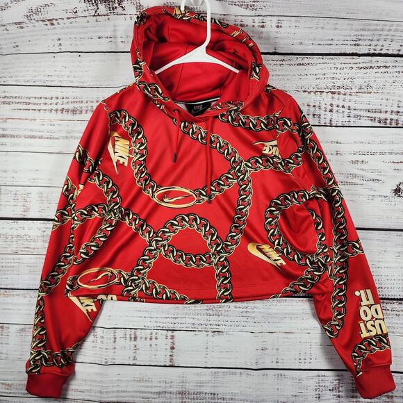Nike CJ6305-657 Chain Print Hoodie M Red Gold Just Do It Crop Pullover Rare - Picture 1 of 8